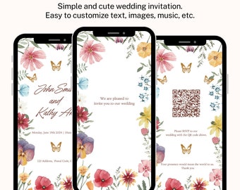Floral Wedding Invitation, Floral Digital Invitation, Butterfly invitation Template, Pretty Mobile Invite, Instant Download, QR Code RSVP