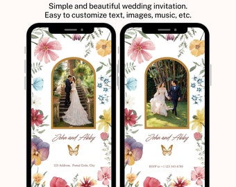 Faire-part de mariage floral, faire-part numérique floral, modèle d'invitation papillon, jolie invitation pour mobile, téléchargement immédiat, invitation de photos