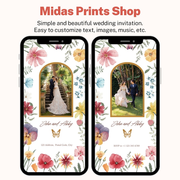 Floral Wedding Invitation, Floral Digital Invitation, Butterfly invitation Template, Pretty Mobile Invite, Instant Download, Photos Invite