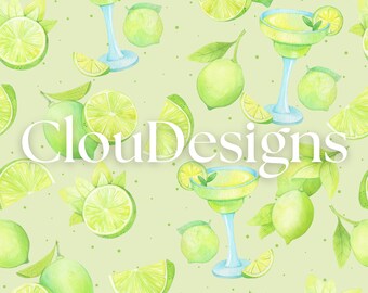 Lemon Margarita Seamless Pattern for Fabric Sublimation, Digital Paper, Textile Fabric, PNG, Drinks, Party