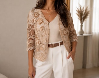 Boho Lace Cardigan XXL, Handmade häkeln Cardigan, Beige Spitze Jacke Damen, Leichte Sommer Cardigan, Elegante Boho Kleidung