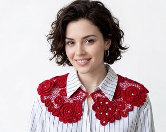 Collana di pizzo irlandese fatta a mano, collana di lusso all'uncinetto, colletto staccabile rosso scuro con chiusura magnetica, arte indossabile boho chic, elegante