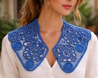 Blaue Spitze Kragen Halskette, Häkeln Abnehmbarer Kragen, Irische Spitze Handgemacht, Statement Accessoire, Elegantes Geschenk für Sie