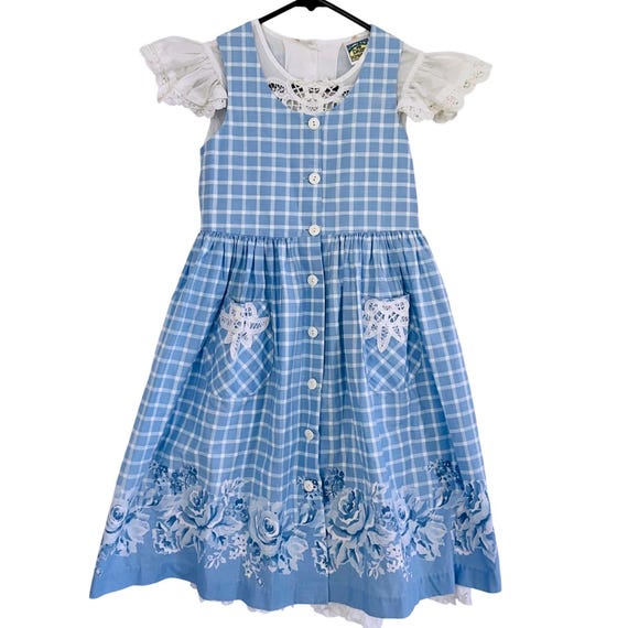 Vtg Daisy Kingdom 7 Pinafore Dress Blue Gingham Floral Lace Prairie Cottagecore