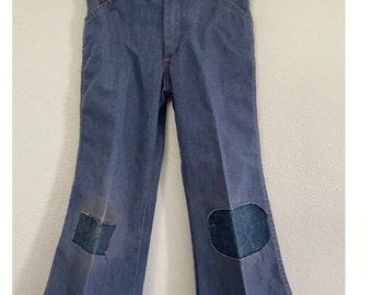 vintage 1970's billy the kid flare jeans patched distressed dark wash 6