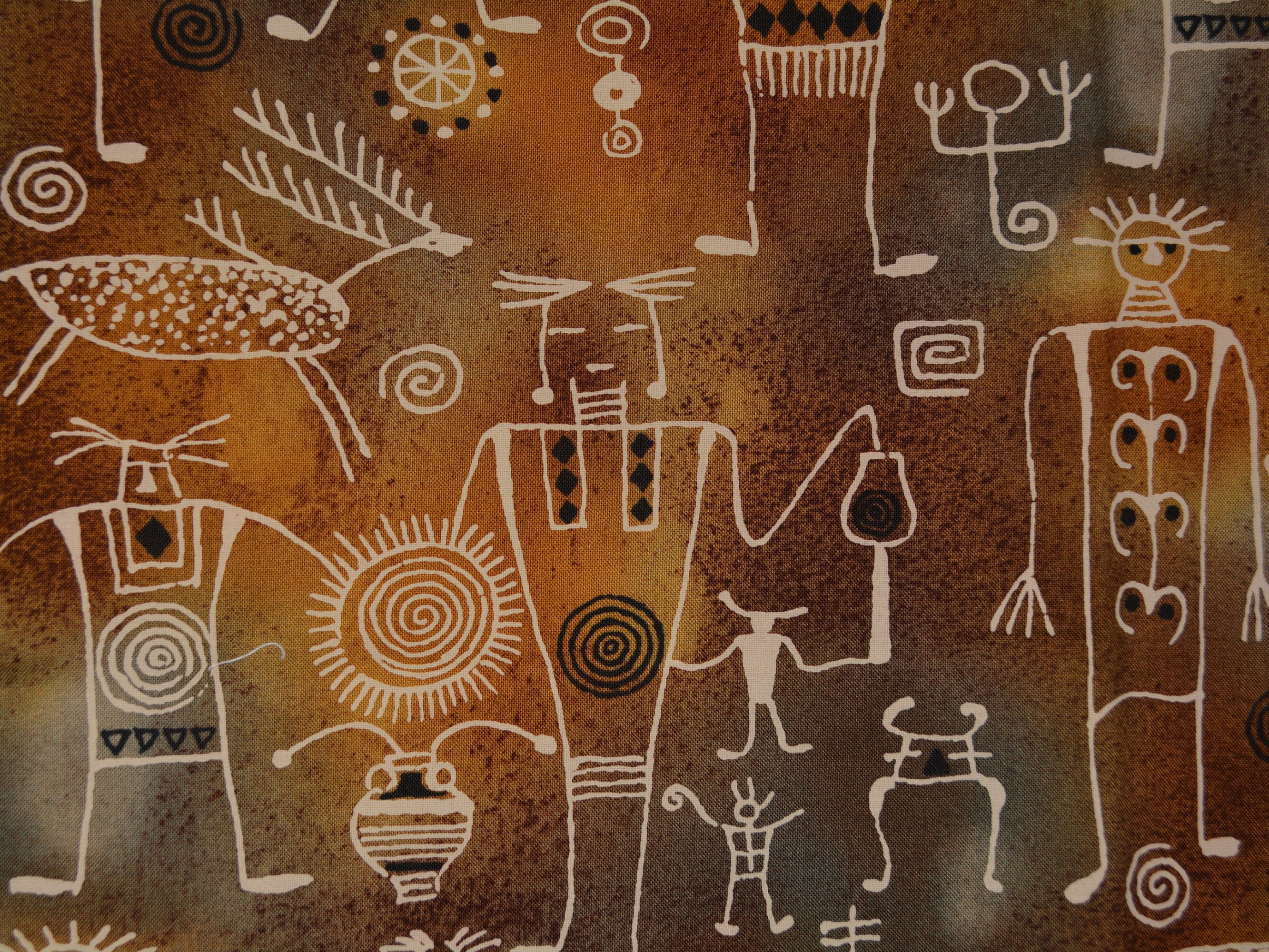 Native American southwest fabric, Shaman cave paintings by