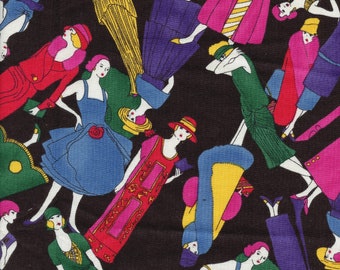 Flapper girls fabric, women in flapper fashions, novelty print cotton