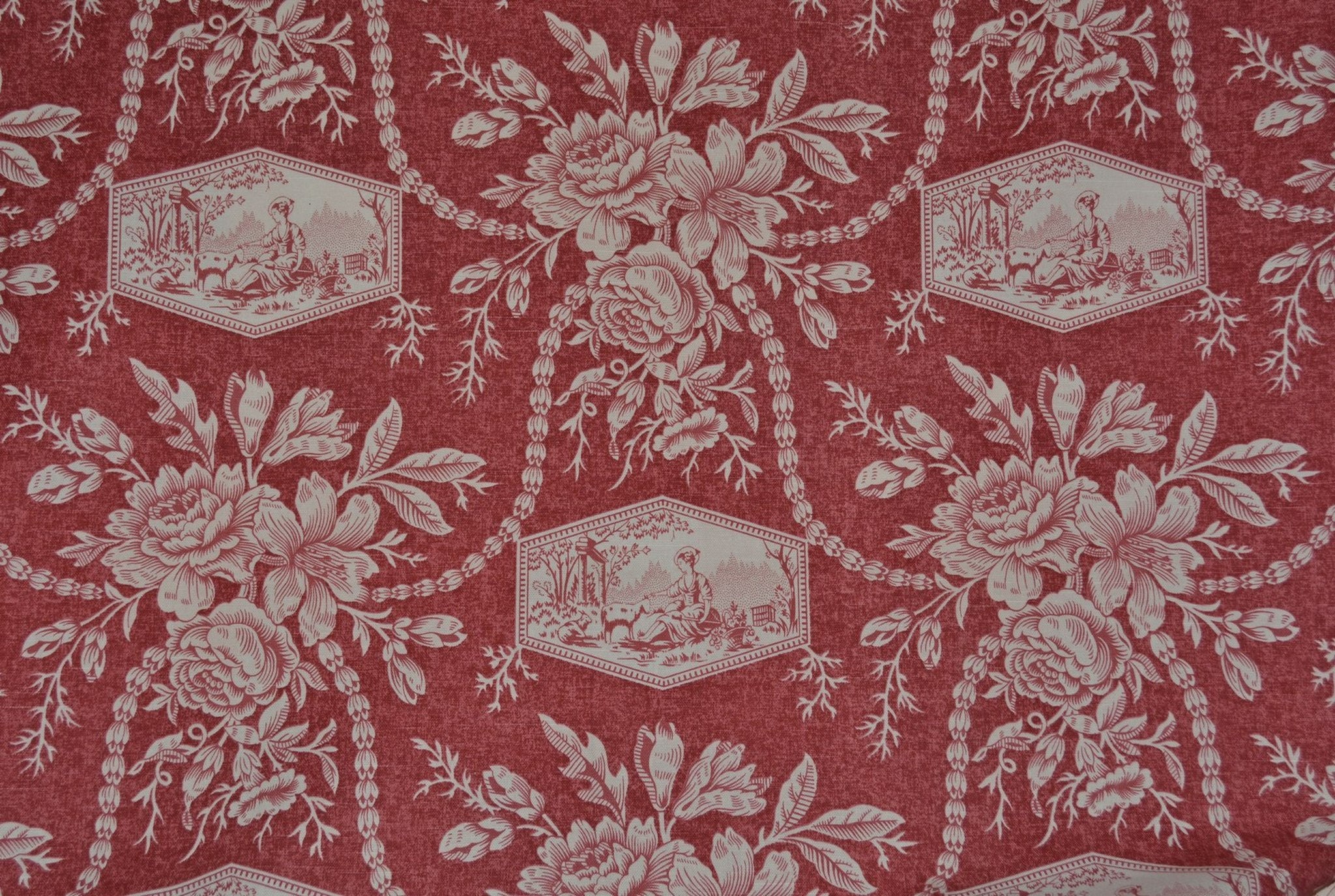 Vintage Laura Ashley Upholstery Fabric Red Toile English Country Print