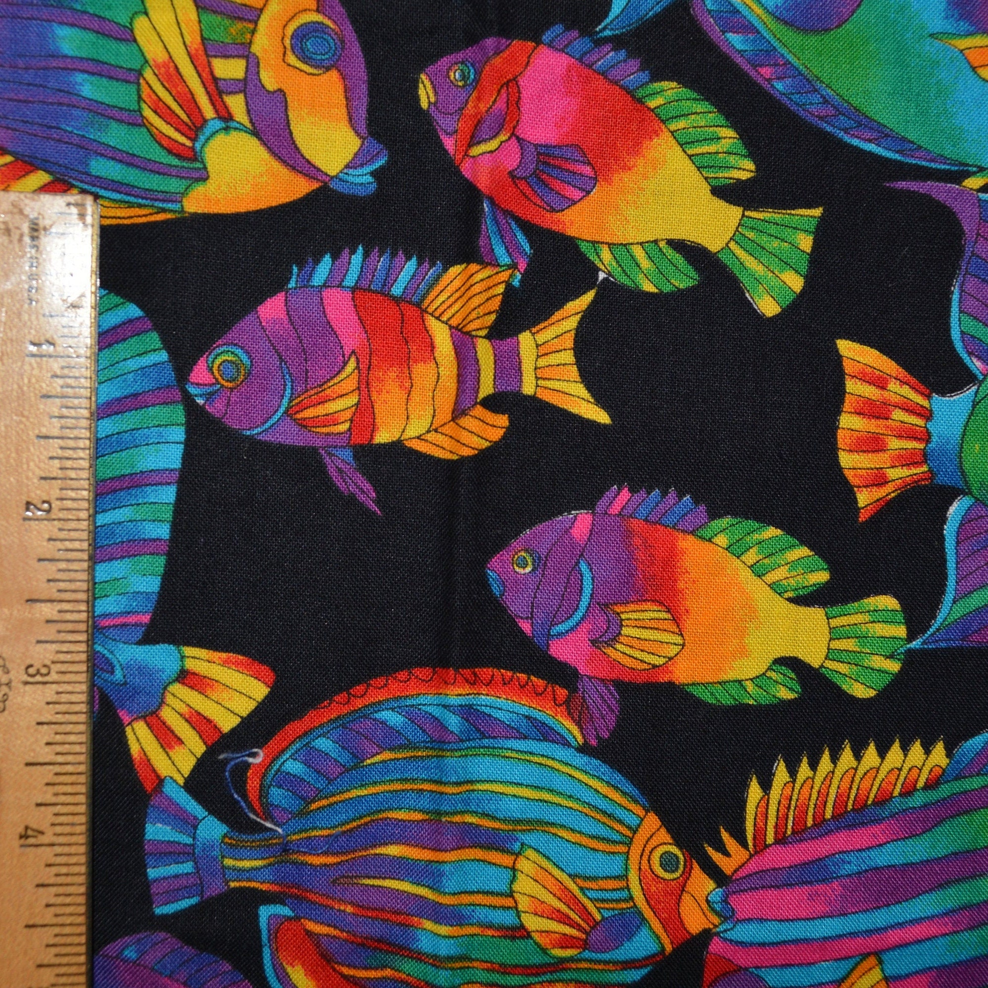 Tie dye fish fabric neon fish black tropical fish fabric out of print Texstyles