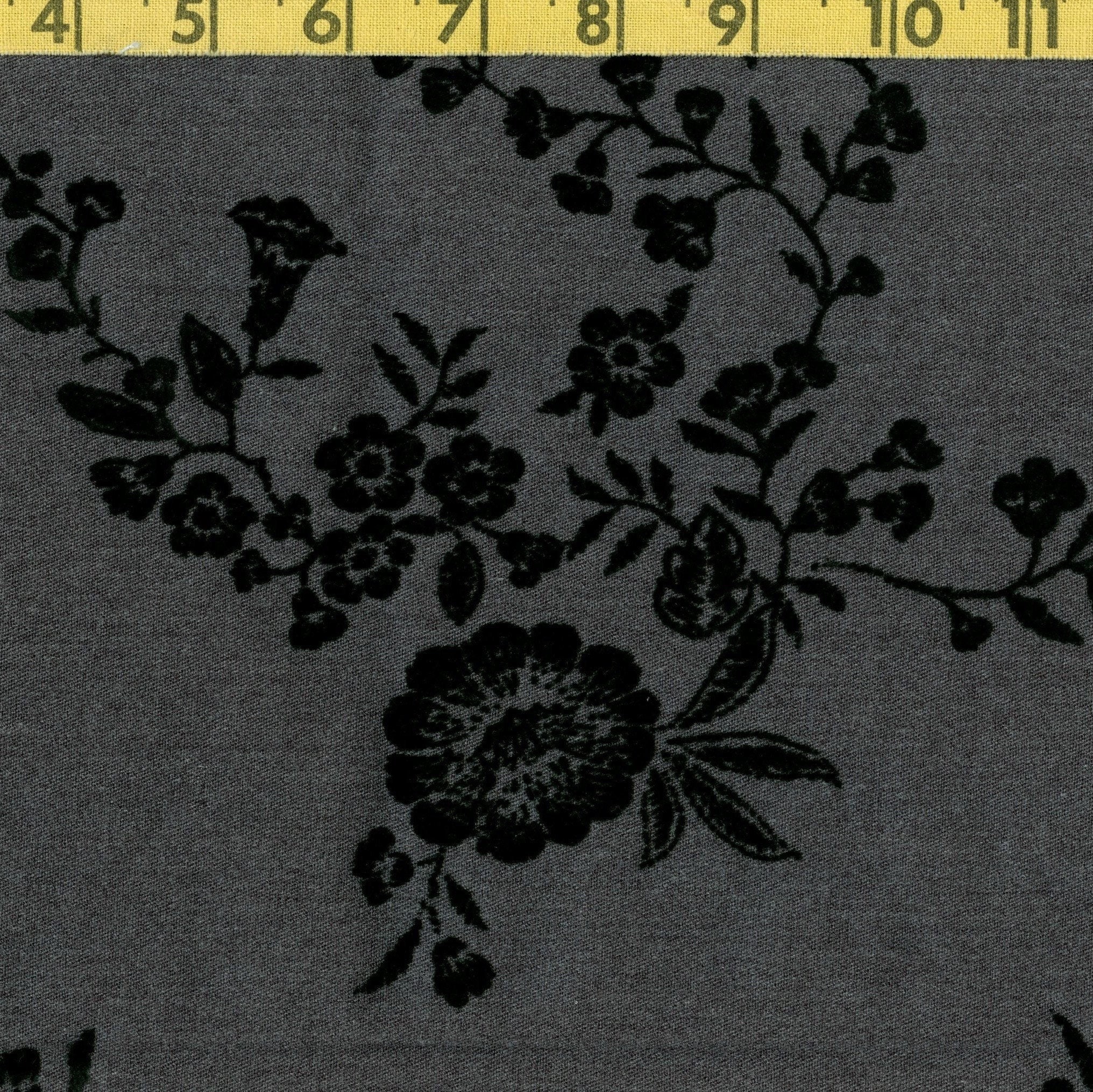 Flocked floral vintage fabric by the yard, tonal black