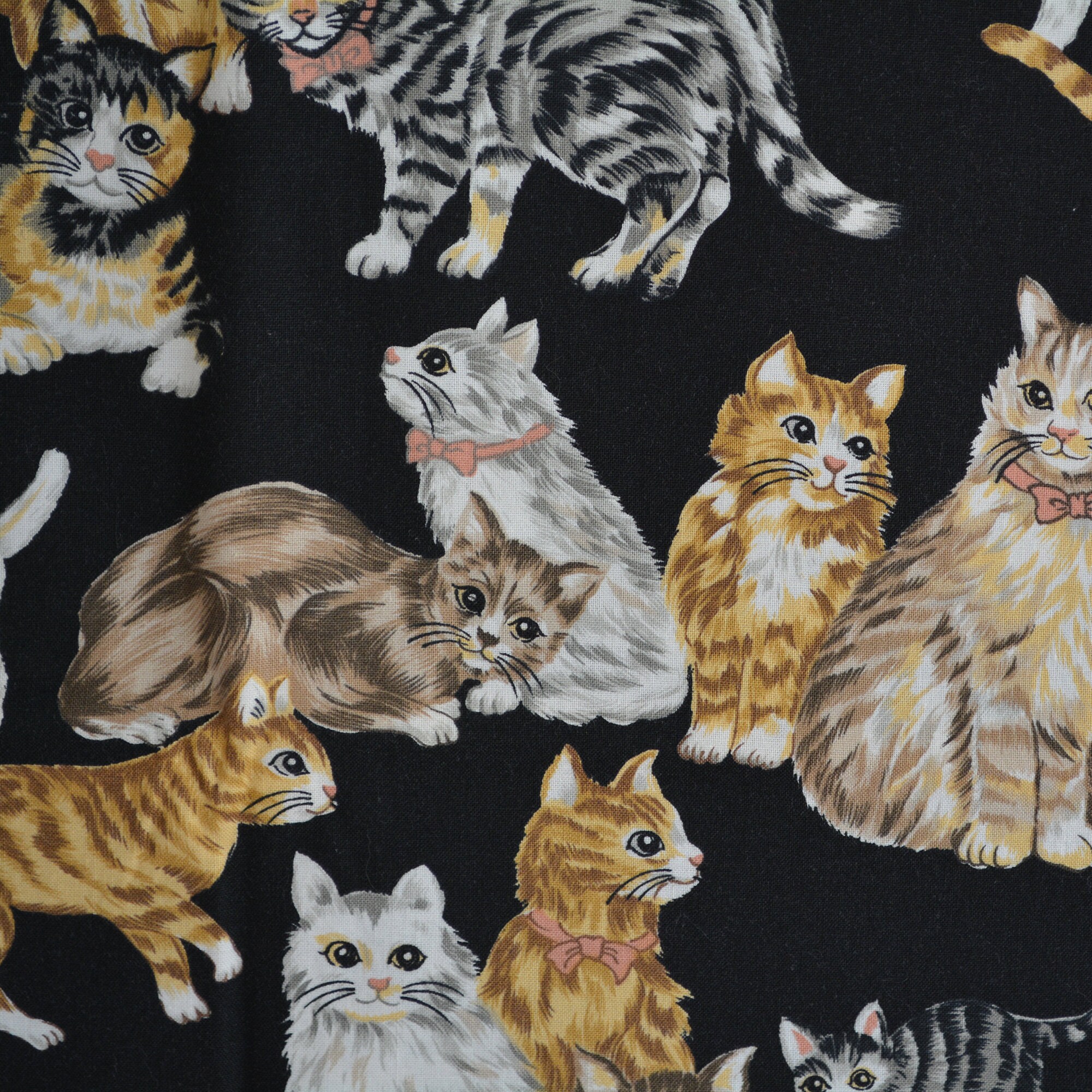 Black Cat fabric by the yard, vintage fabric cats and kittens fabric