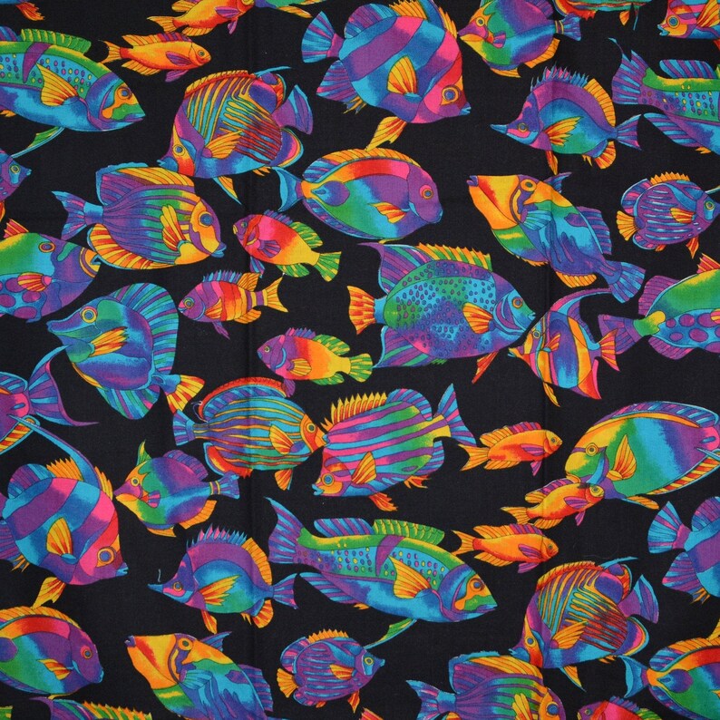 Tie dye fish fabric neon fish black tropical fish fabric out of print Texstyles