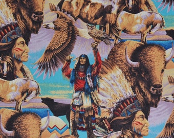 Native American motif novelty vintage fabric collage of chief, medicine man horses bison