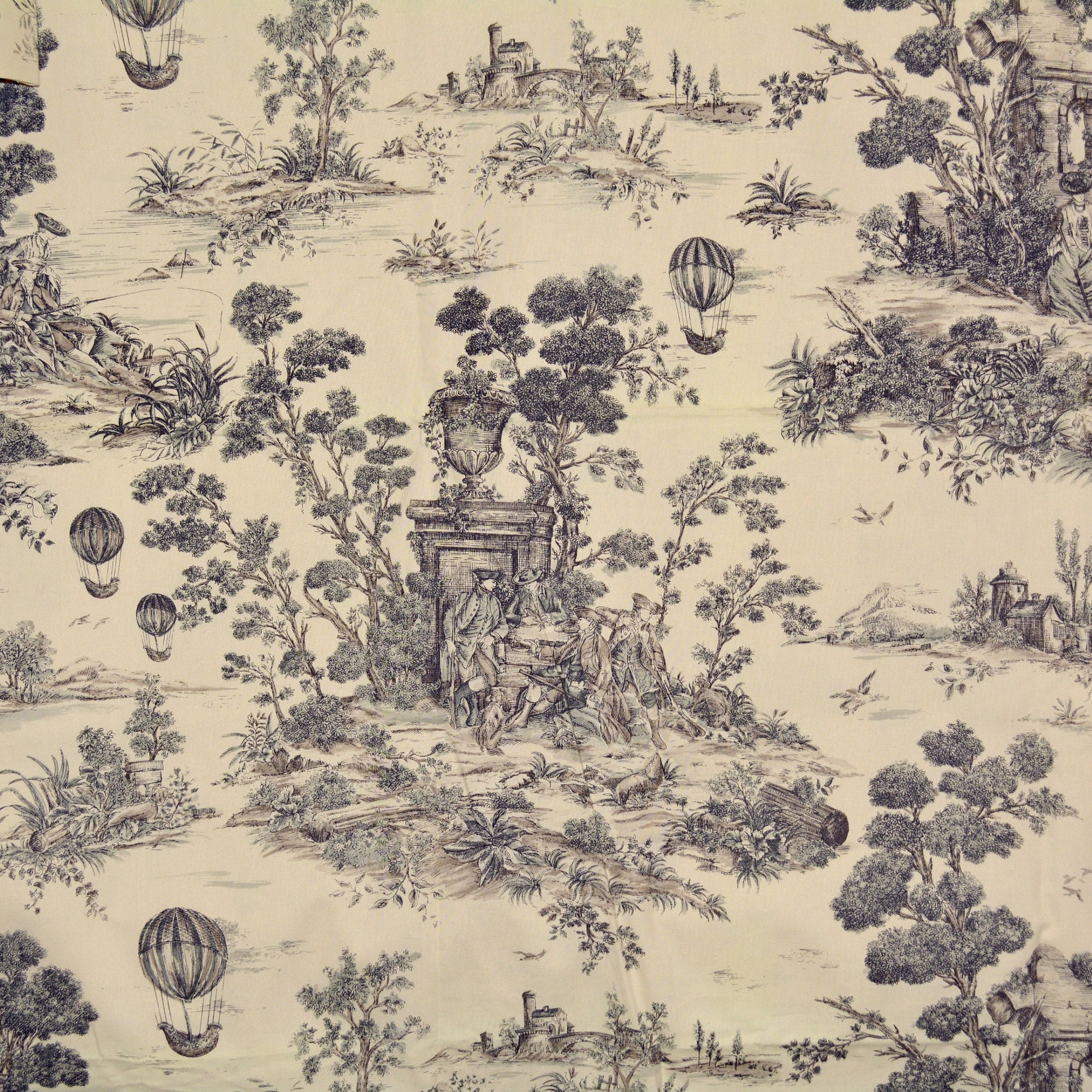 French toile upholstery fabric with Victorian hot air balloons ...