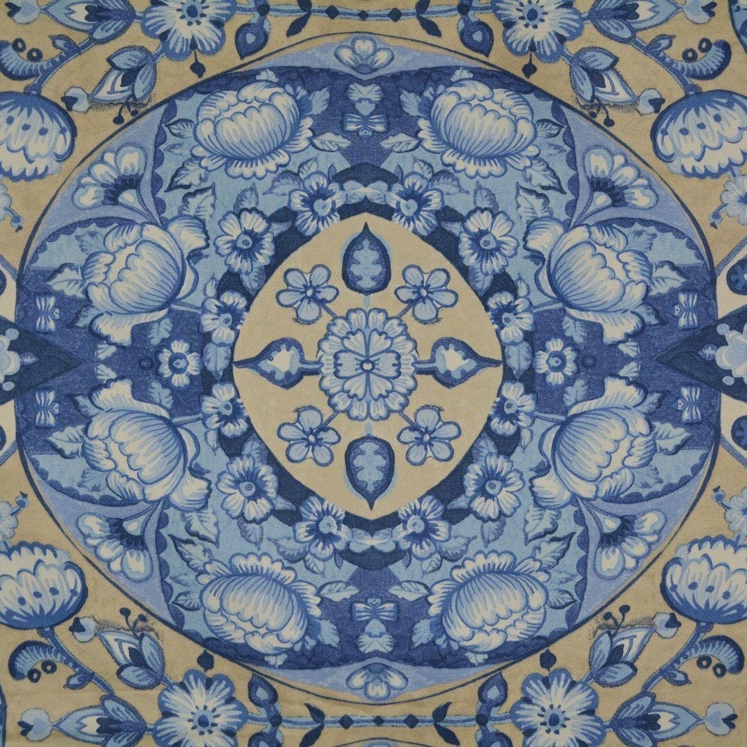 Waverly 1980s Upholstery Drapery Fabric Blue Asian Floral By The