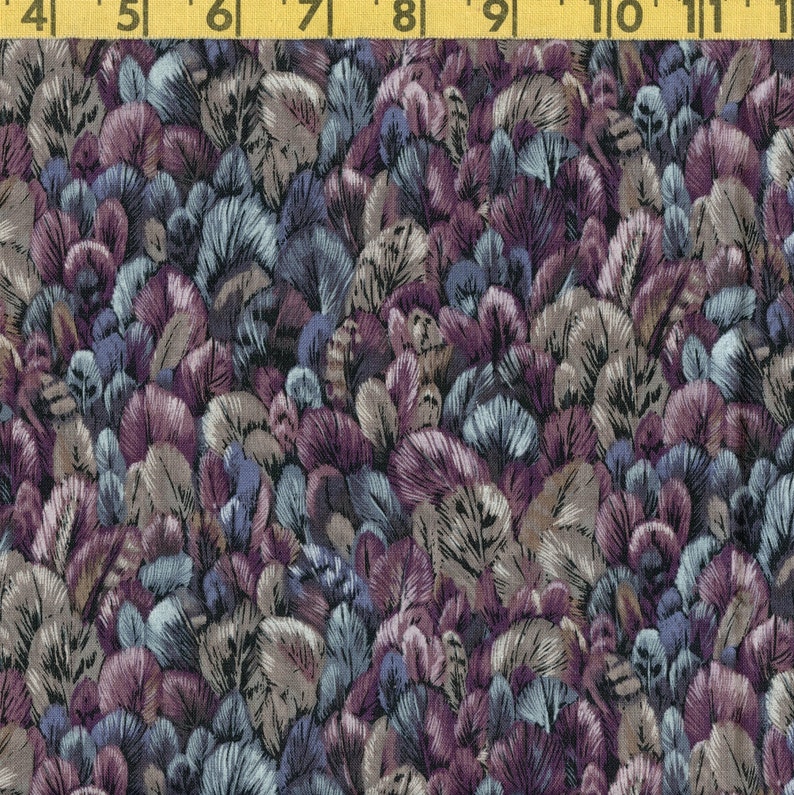 Bird feathers fabric blue gray packed feather print Robert Kaufman fabric purple