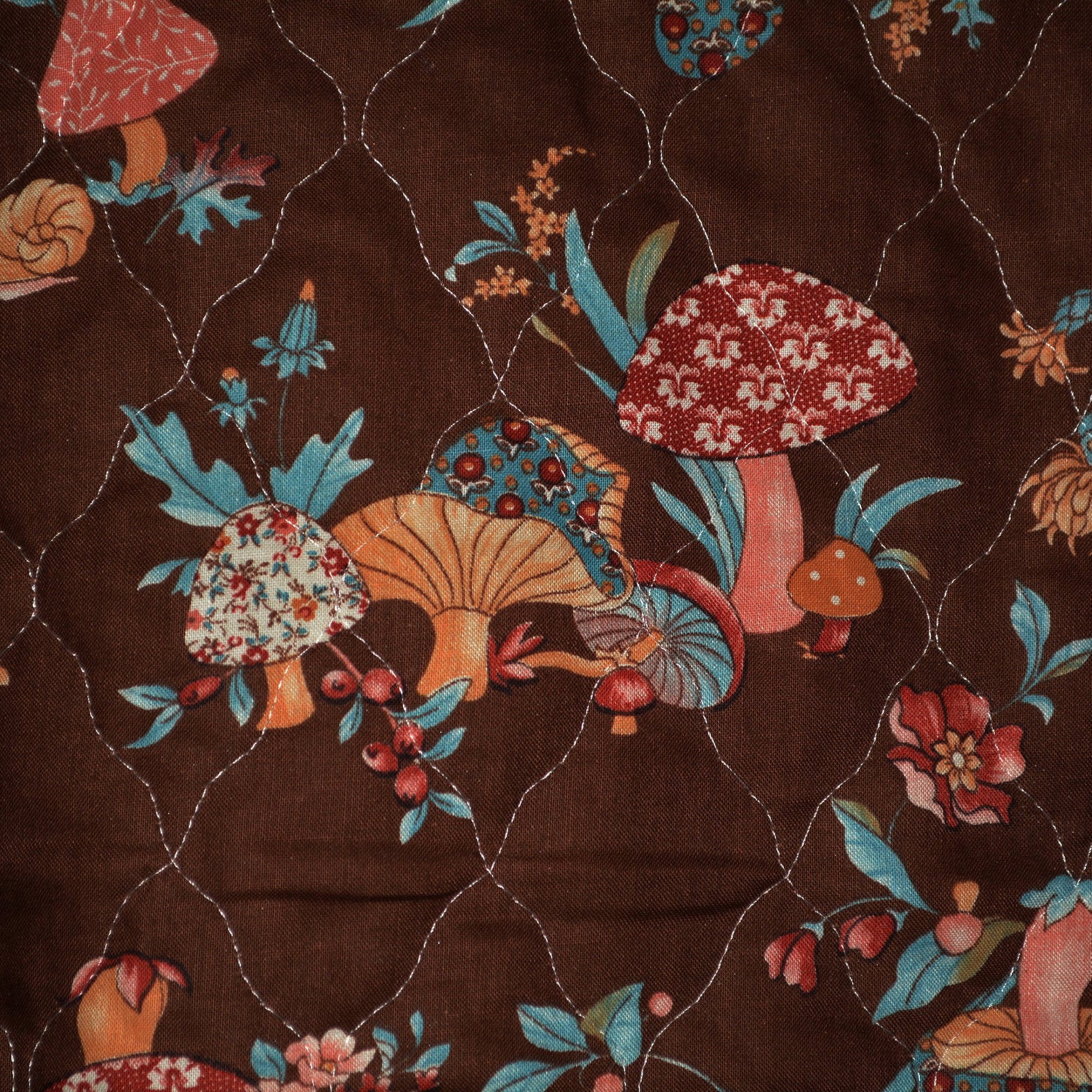 70s fabric, 70s Mushrooms ready quilted vintage fabric