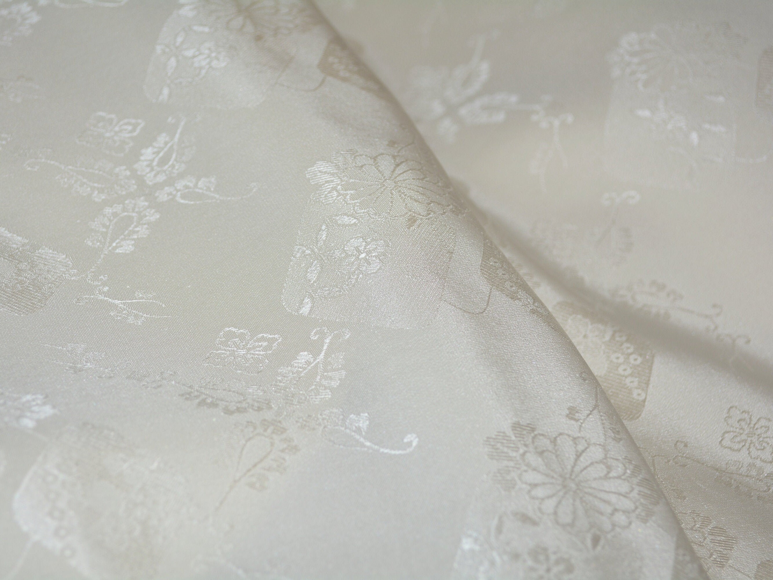 Japanese ivory silk fabric by the yard, floral embroidery damask