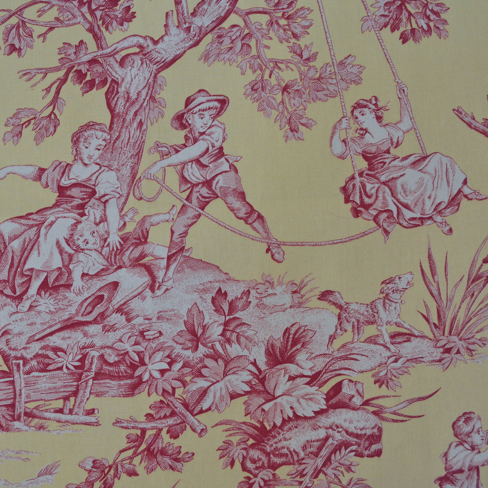 Upholstery fabric, toile fabric, red and yellow country life