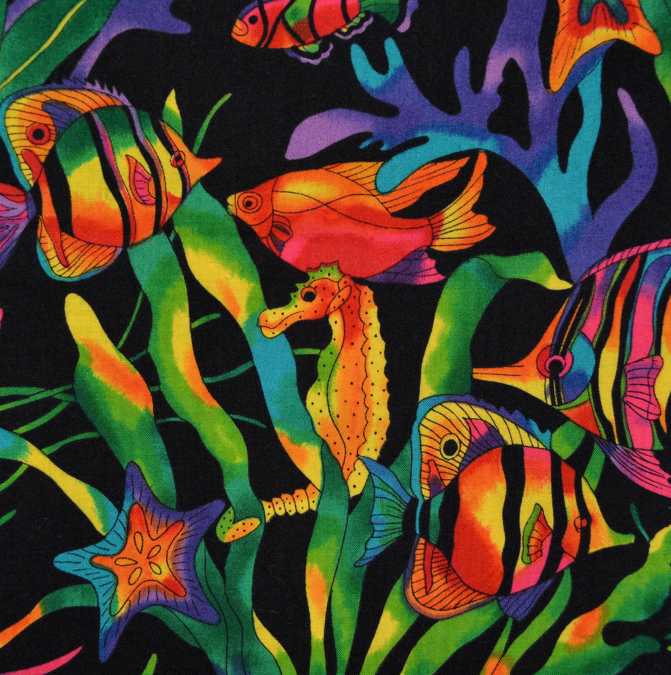 Tie dye fish fabric neon fish black tropical fish fabric out of print Texstyles
