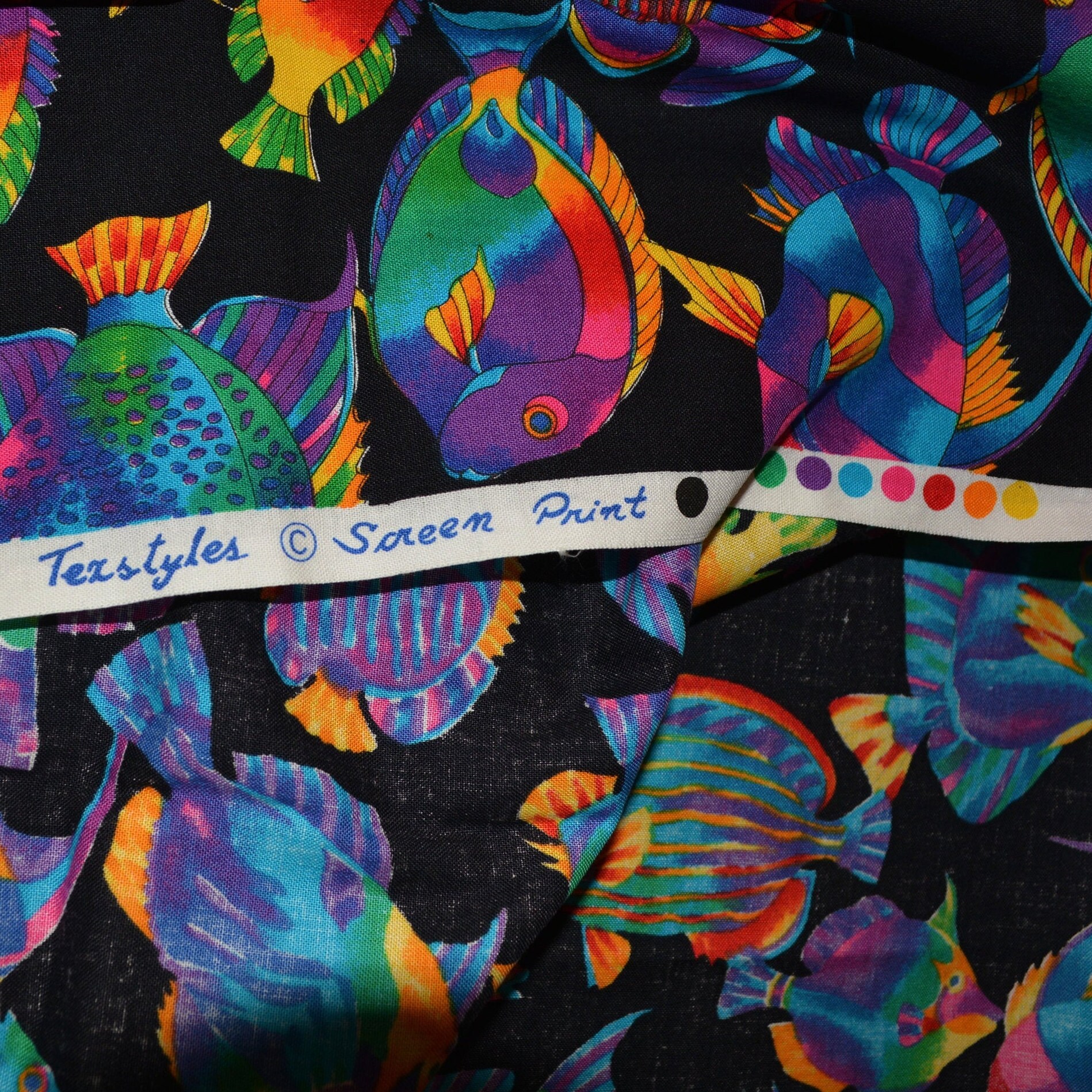 Tie dye fish fabric neon fish black tropical fish fabric out of print Texstyles