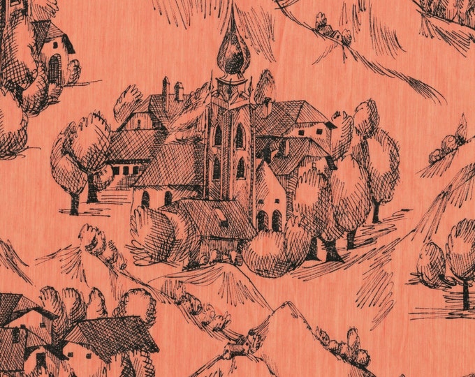 Linework sketched vintage fabric with village toile scene