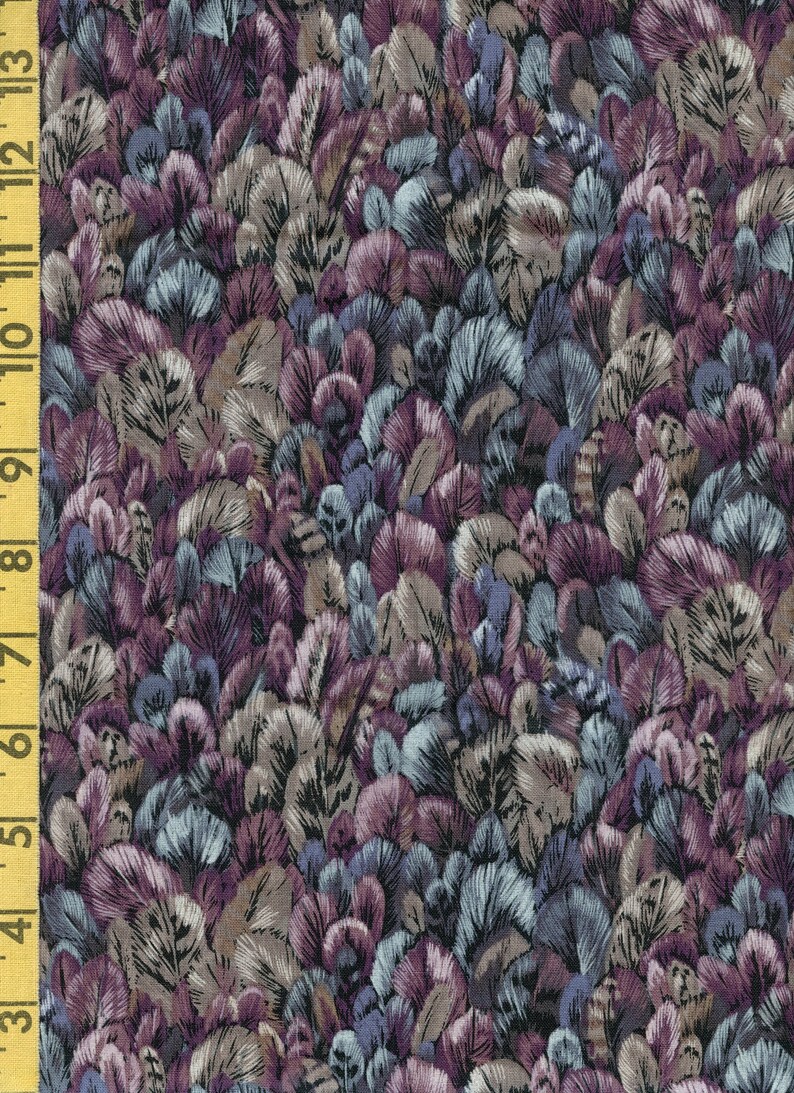 Bird feathers fabric blue gray packed feather print Robert Kaufman fabric purple
