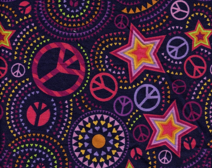 Groovy retro fabric by the yard, hearts, stars and peace signs