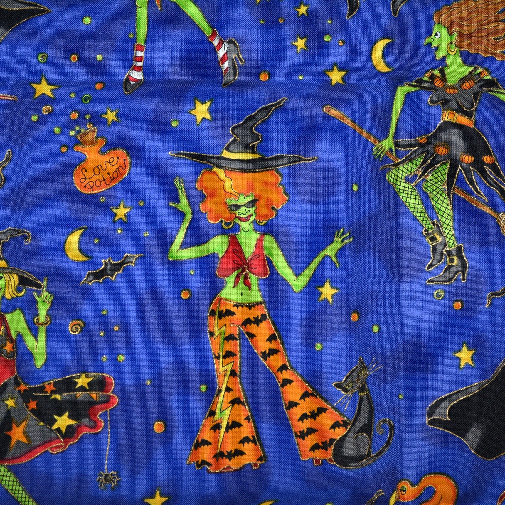 Whimsical witch fabric dancing witches Robert Kaufman funny Halloween