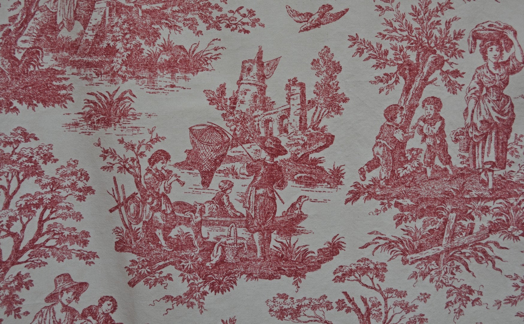 2.5 yards French toile fabric Red toile Waverly fabric Country life as is