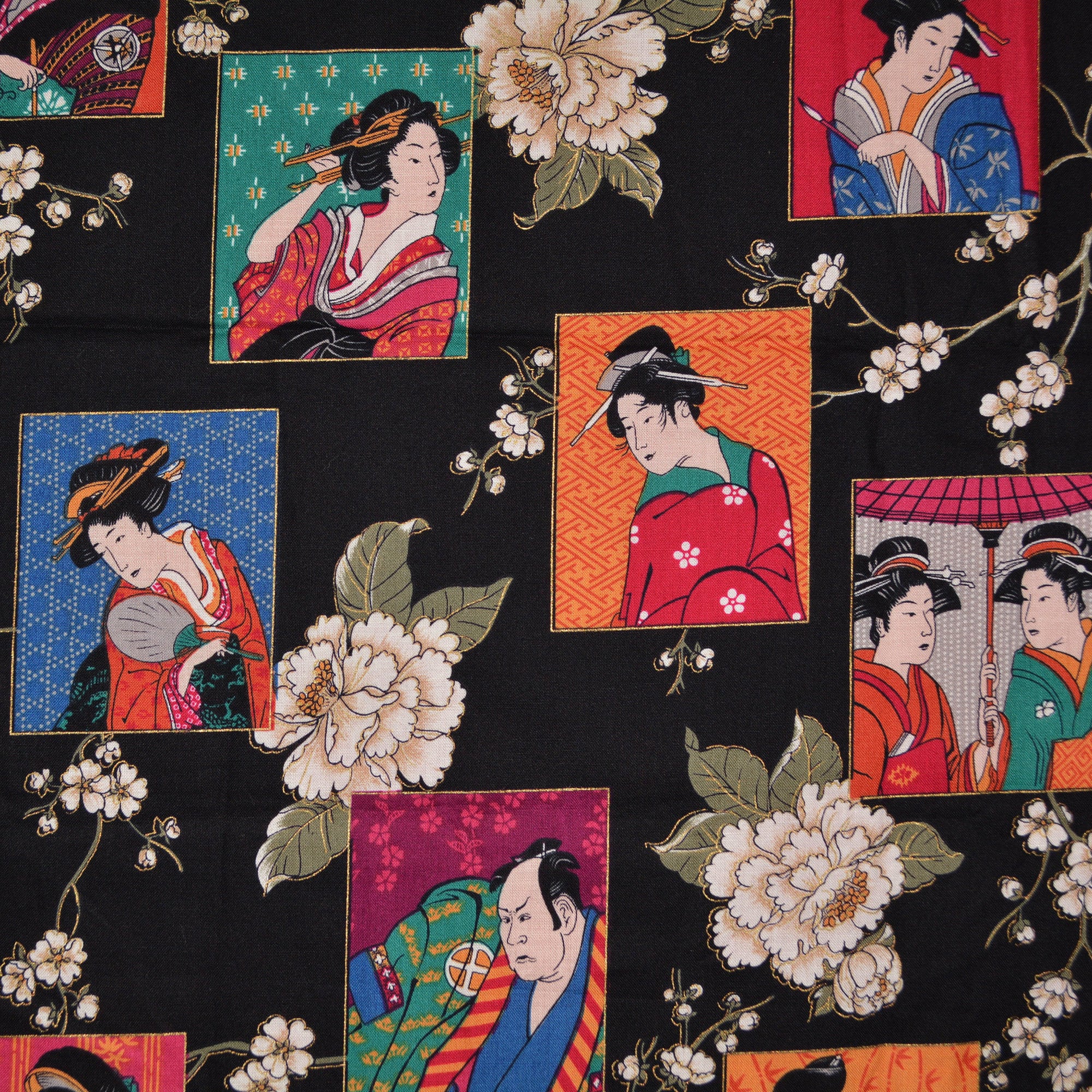 Japanese print fabric, geisha fabric with samurai, Andover fabric