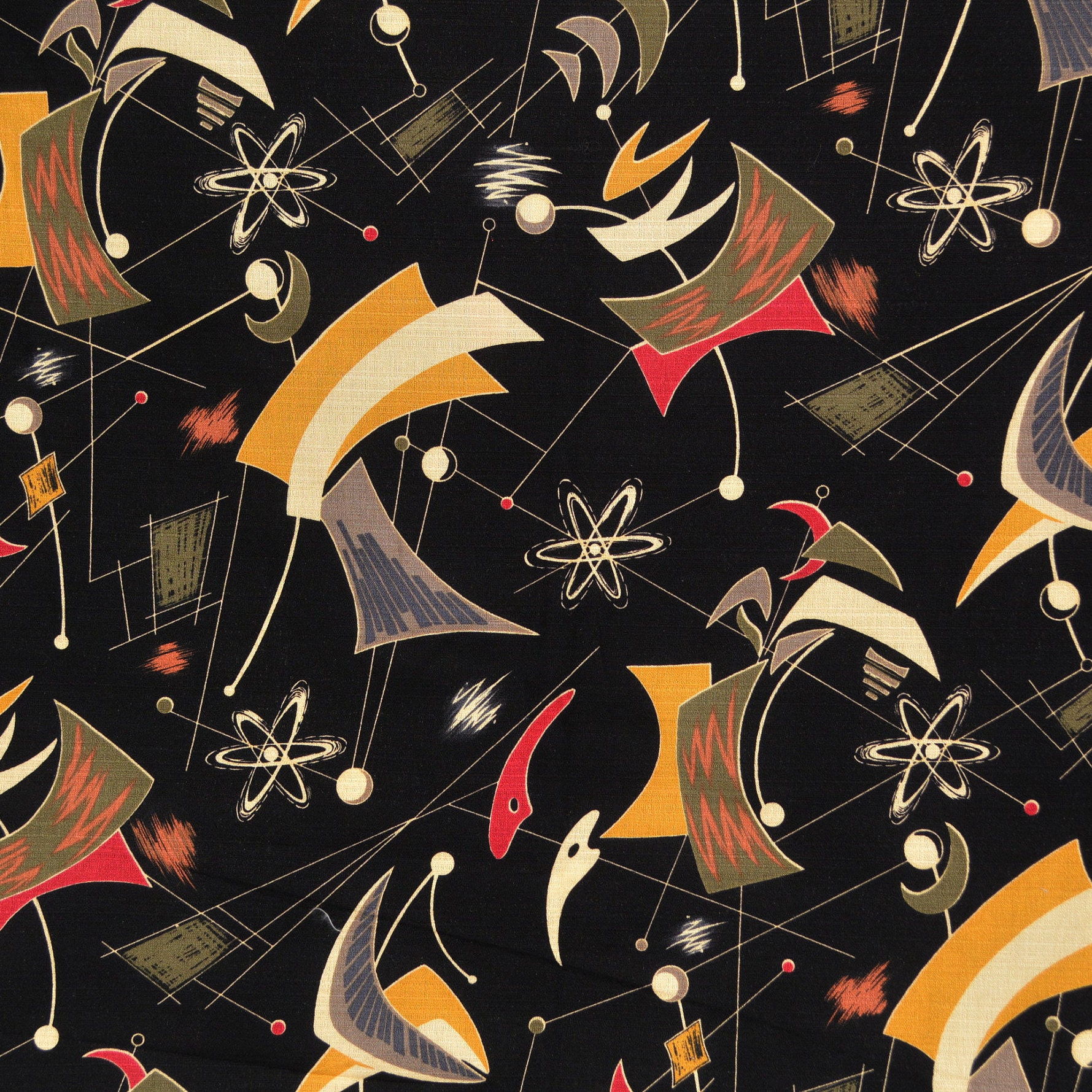 Modern barkcloth fabric, atomic starburst, reproduction midcentury