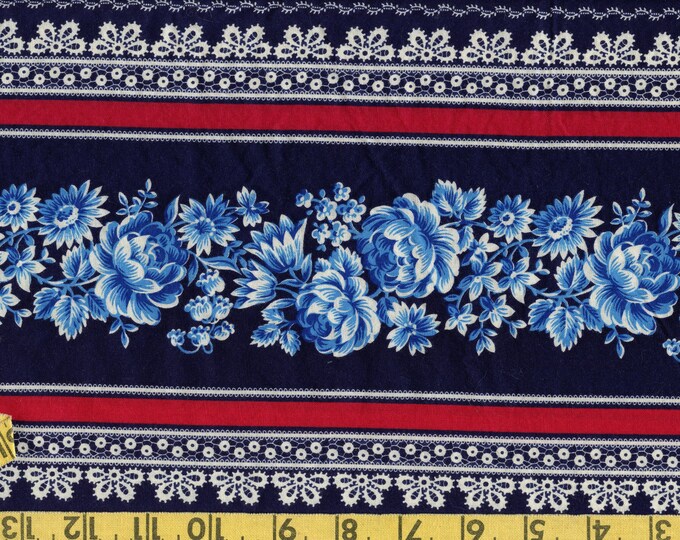 Blue floral fabric border print, Cranston fabric vintage