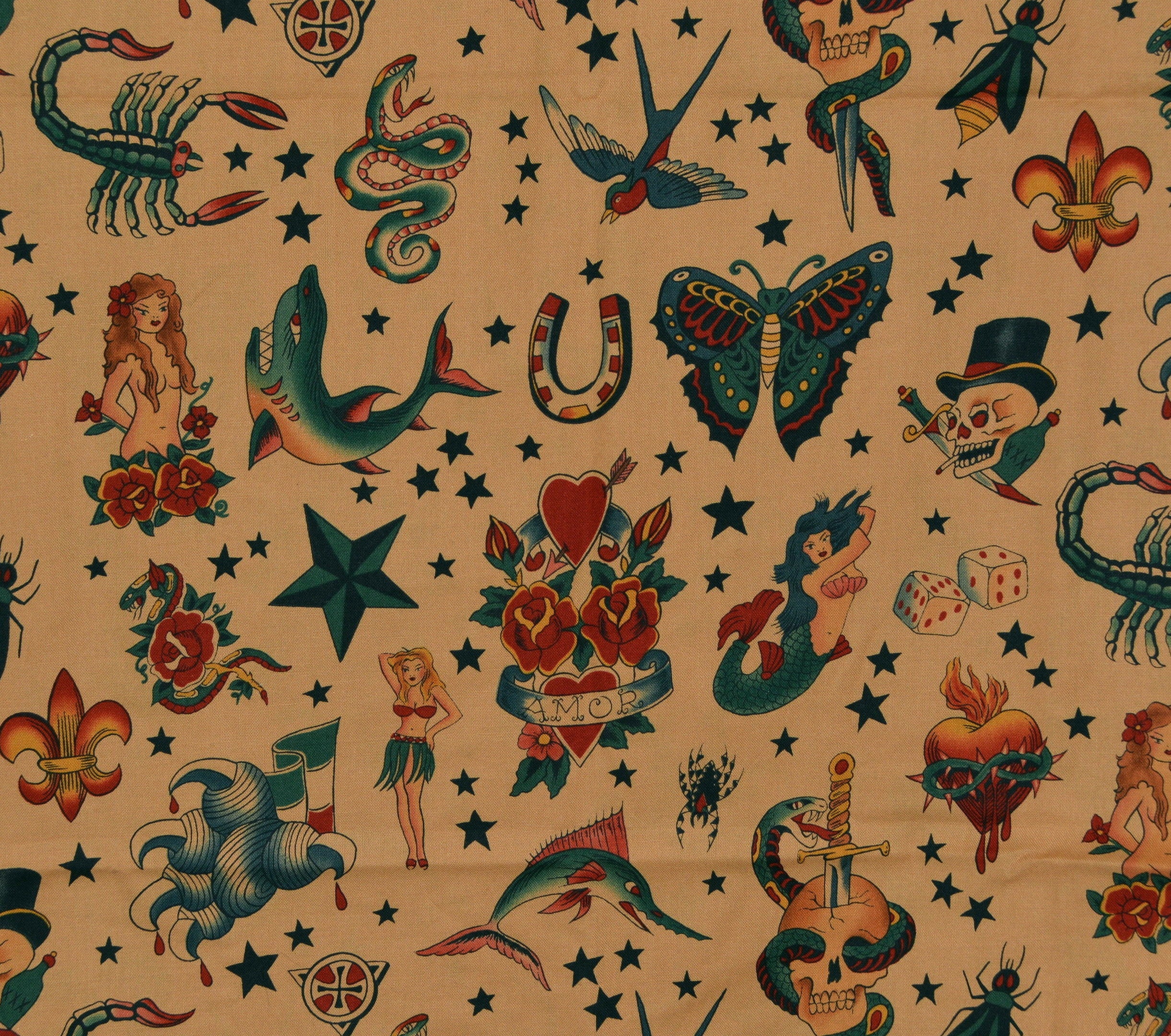 Tattoo fabric Pin up or Sailor Jerry tattoos Alexander Henry fabric
