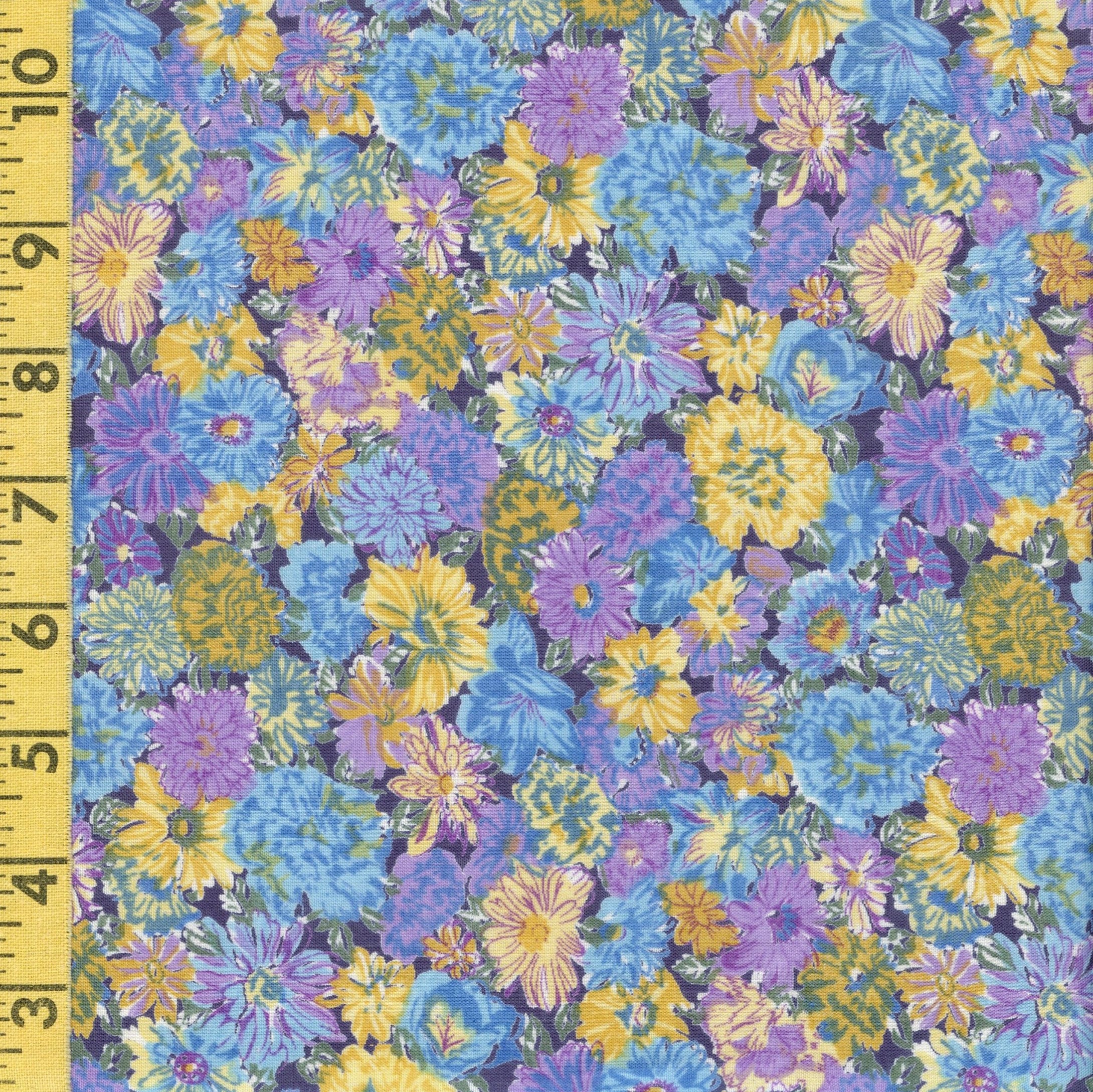 Cotton voile Easter Spring floral fabric, lavender golden blue floral