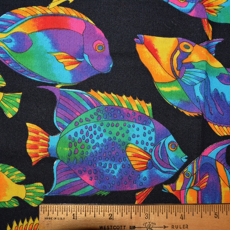 Tie dye fish fabric neon fish black tropical fish fabric out of print Texstyles