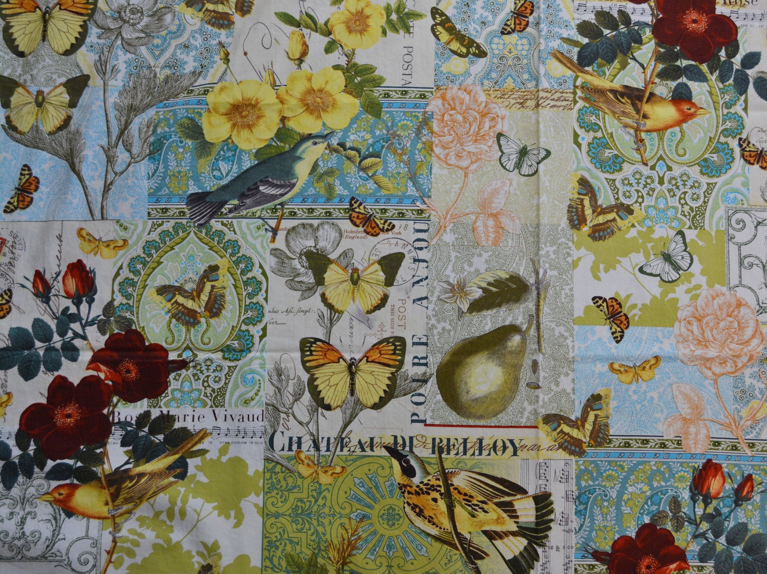 Botanical print fabric butterfly fabric birds and flowers fabric French