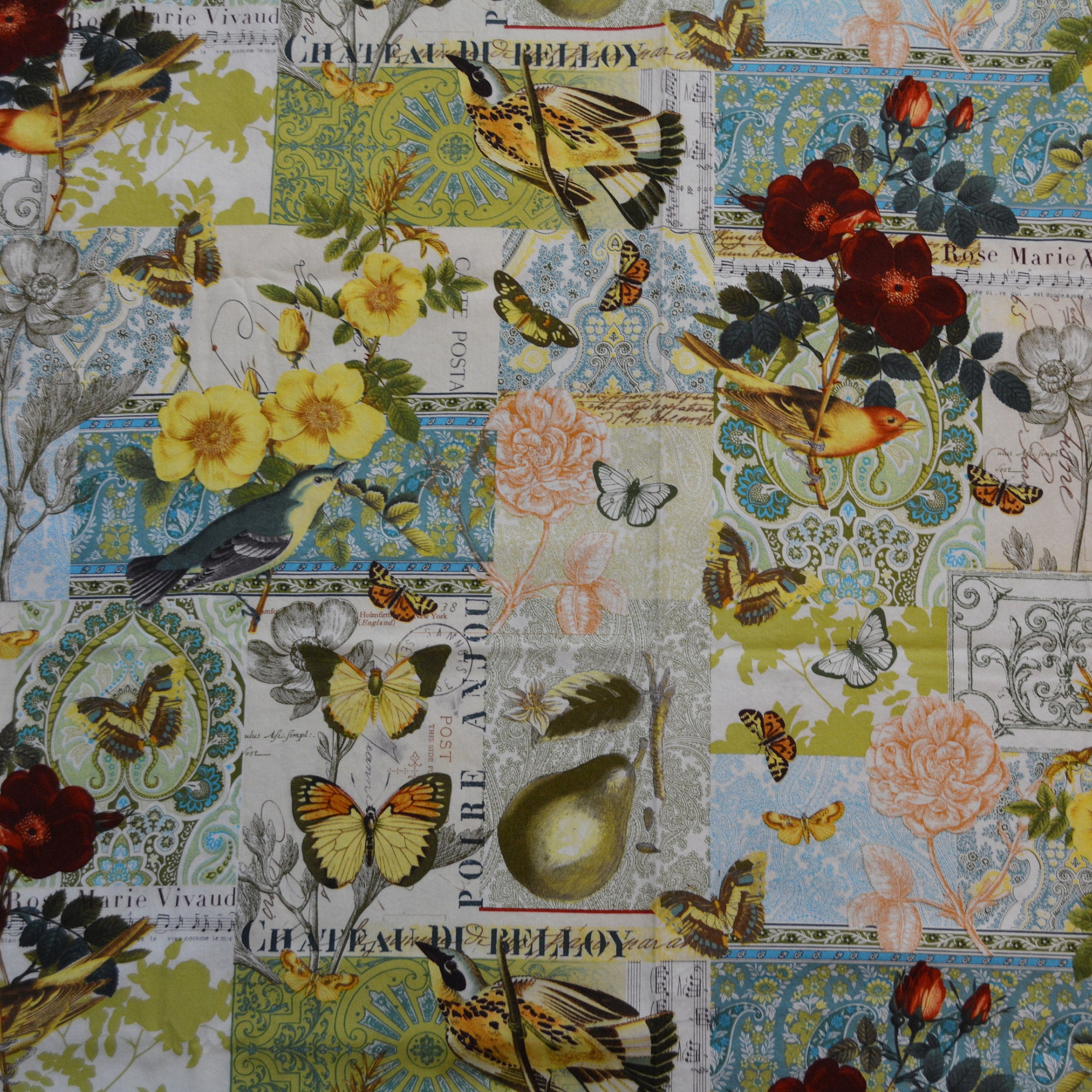 Botanical print fabric butterfly fabric birds and flowers fabric French