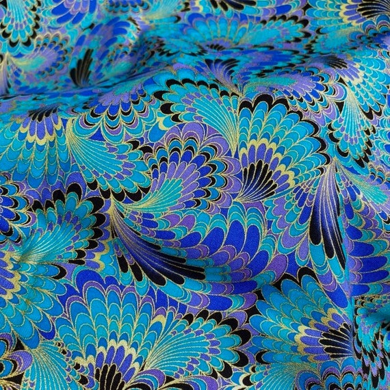Chong-a Hwang Fabric Palazzo Marble Feather Swirl Blues and - Etsy