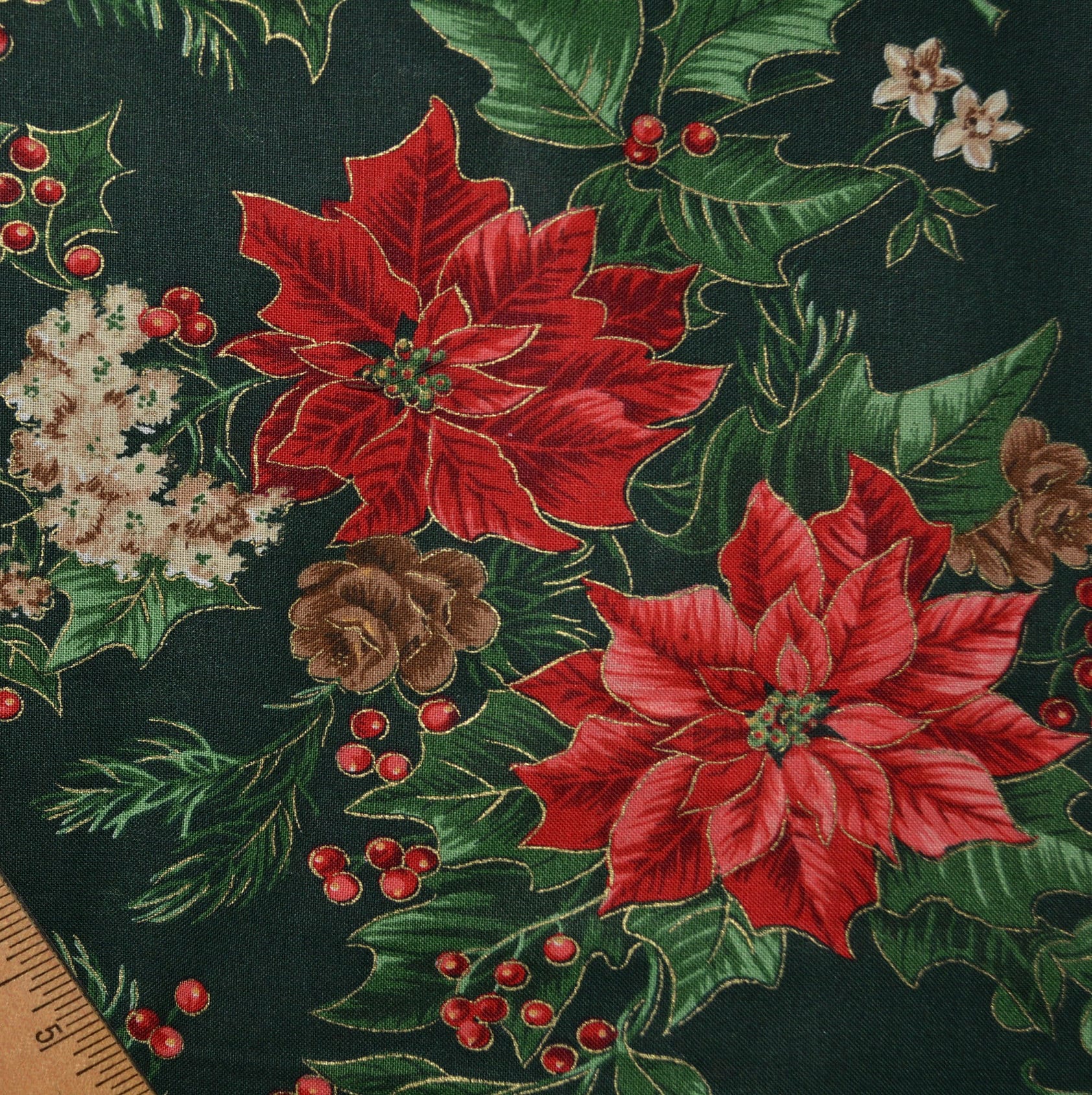Retro Christmas fabric, poinsettia flowers Joan Messmore extra wide