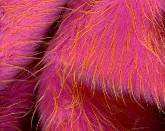 Pink shaggy faux fur fabric with orange spikes, for costume hat making purses pillows