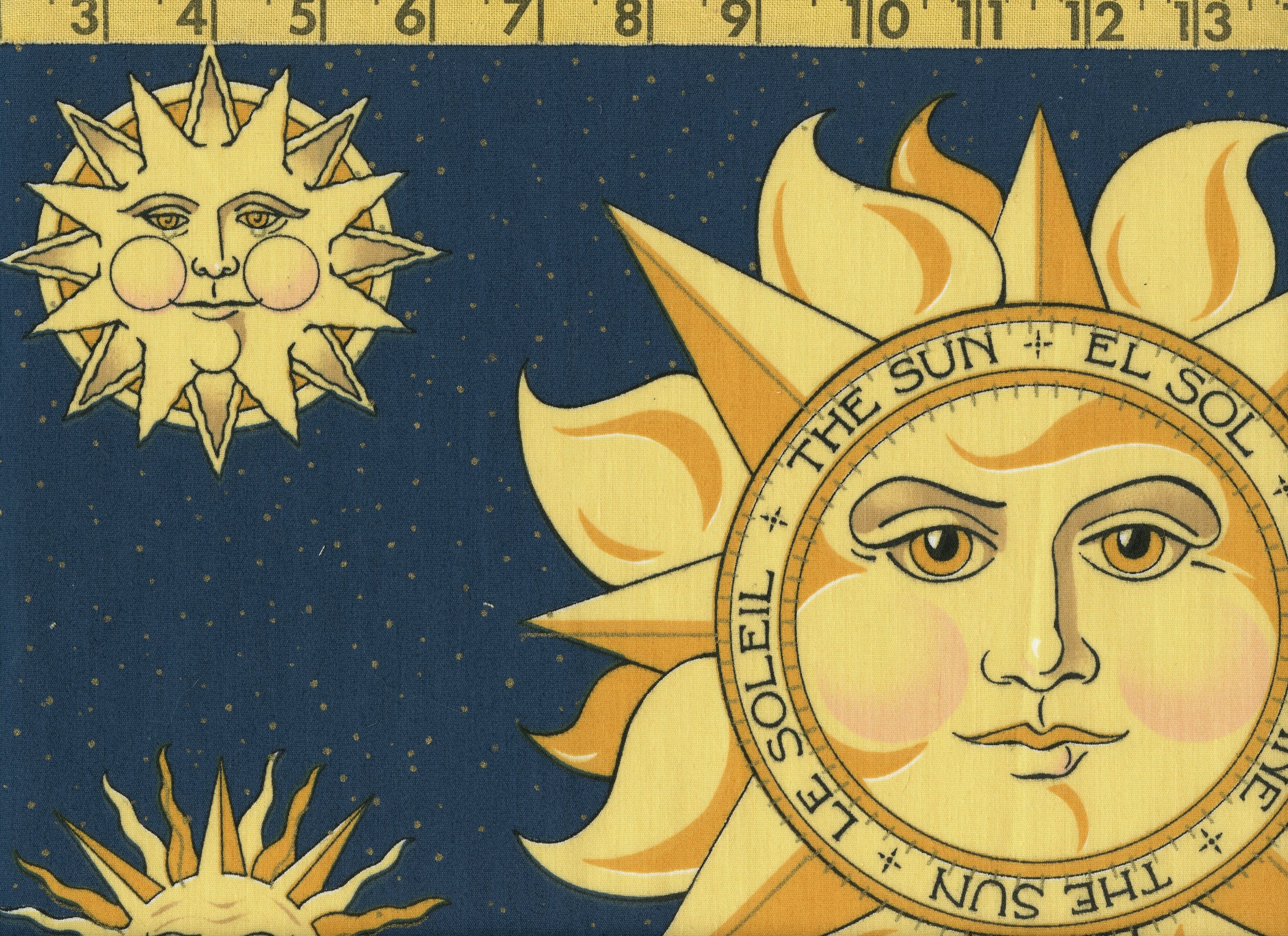 Vintage daisy kingdom fabric panel cosmic sun with face fabric