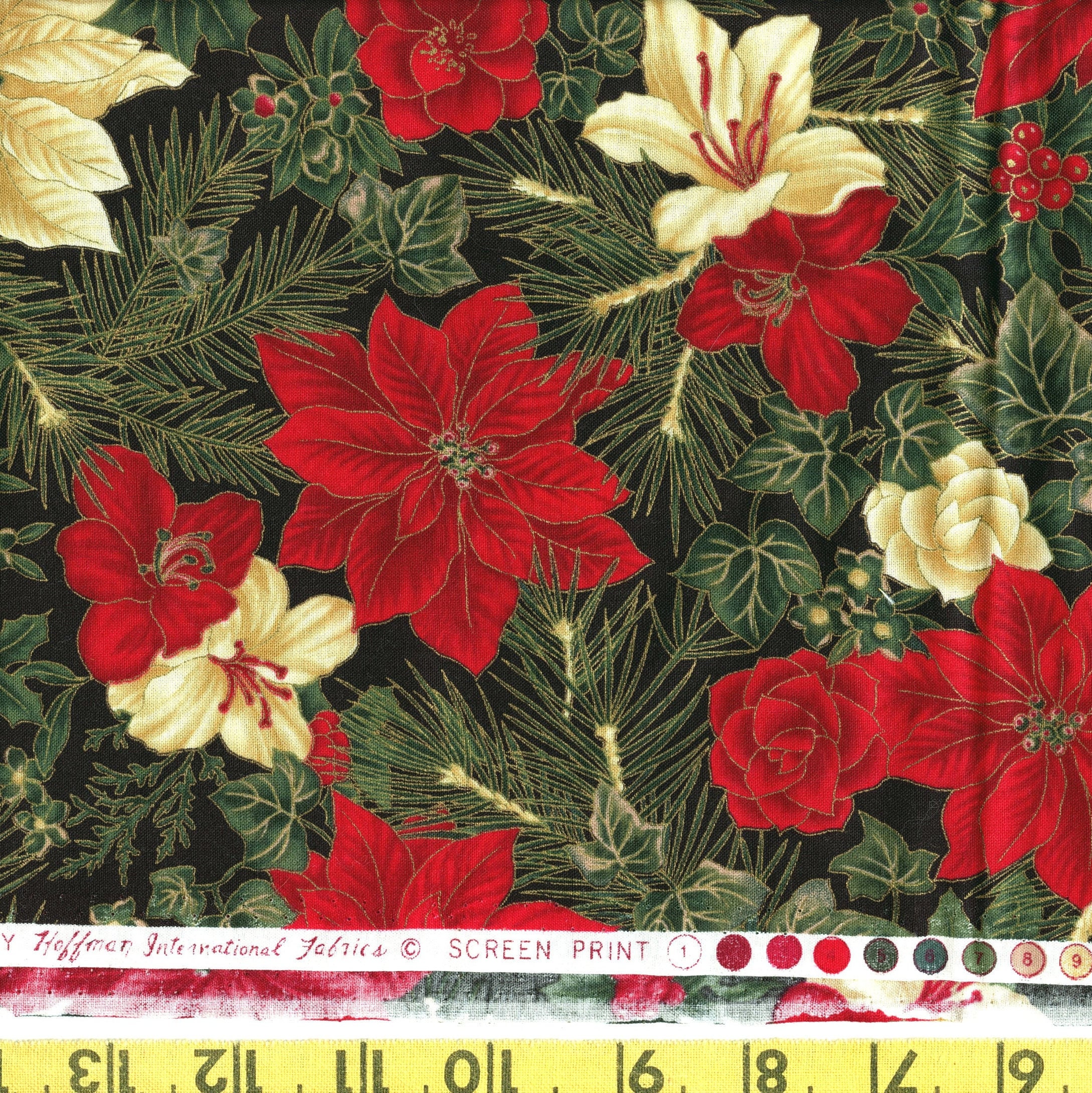 Poinsettia fabric, Christmas floral fabric, Hoffman fabric