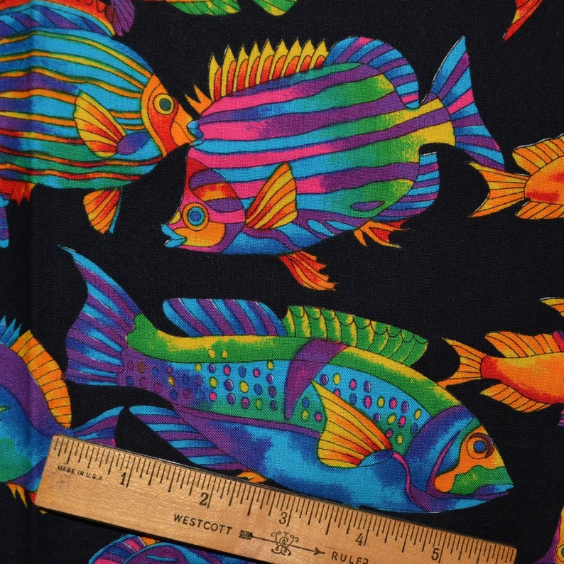 Tie dye fish fabric neon fish black tropical fish fabric out of print Texstyles