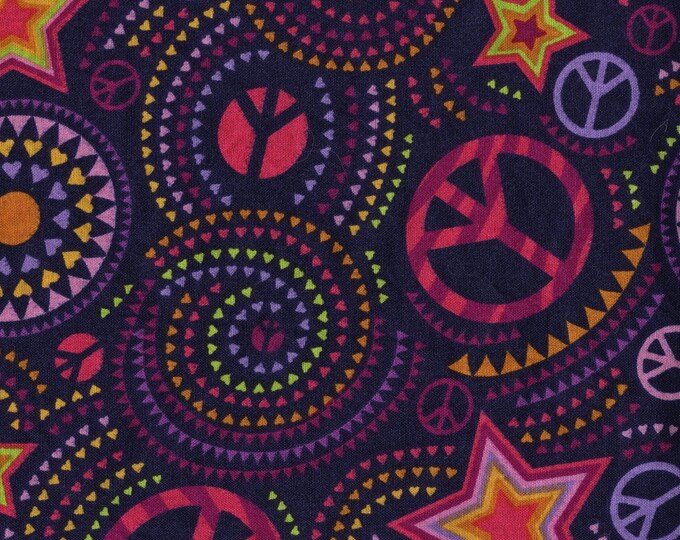 Groovy retro fabric by the yard, hearts, stars and peace signs