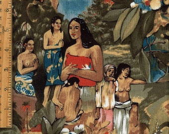 Tahitian polynesian scenic fabric with native women, Paul Gauguin style cotton