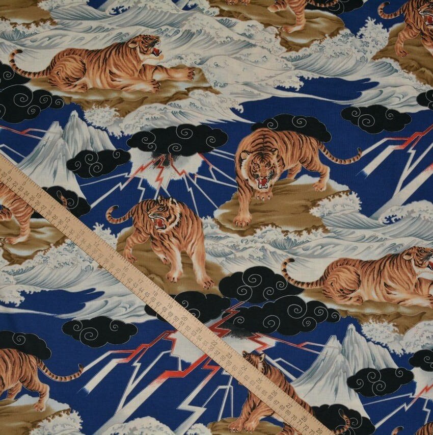 Tigers Fabric Japanese Chinese Oriental Cotton Black With 