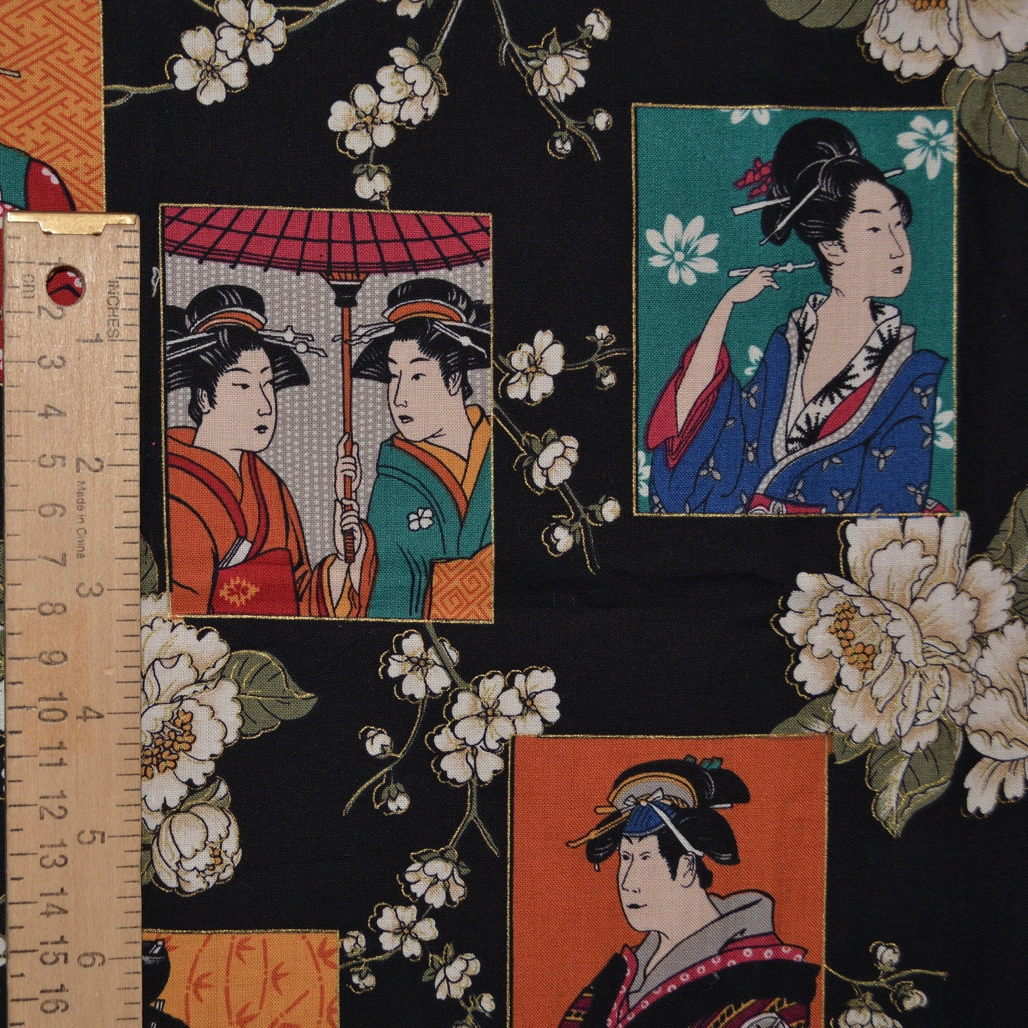 Japanese print fabric, geisha fabric with samurai, Andover fabric