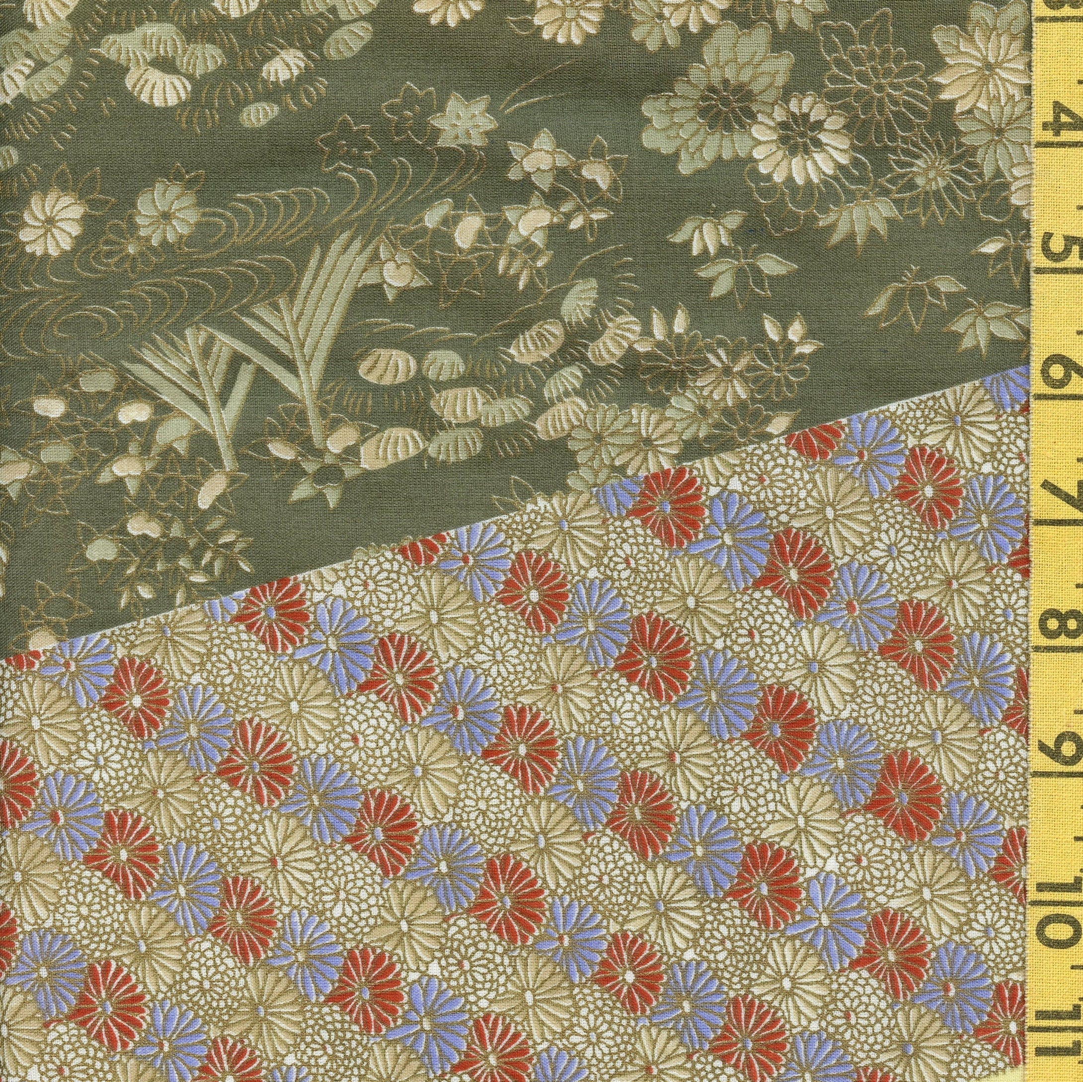 Japanese patchwork fabric with geometric and floral patterns, cotton