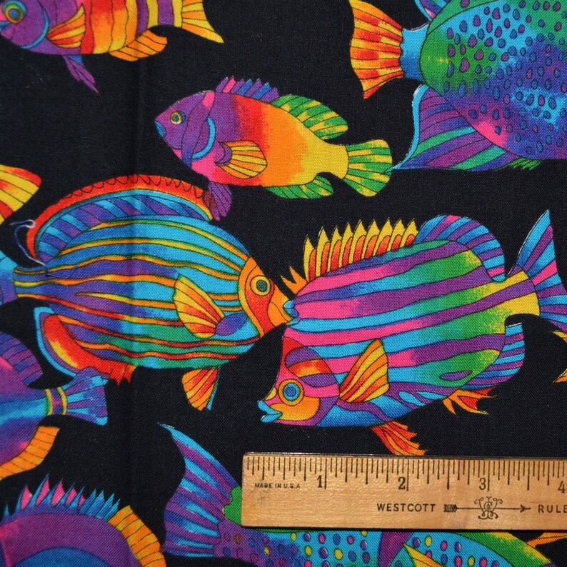 Tie dye fish fabric neon fish black tropical fish fabric out of print Texstyles